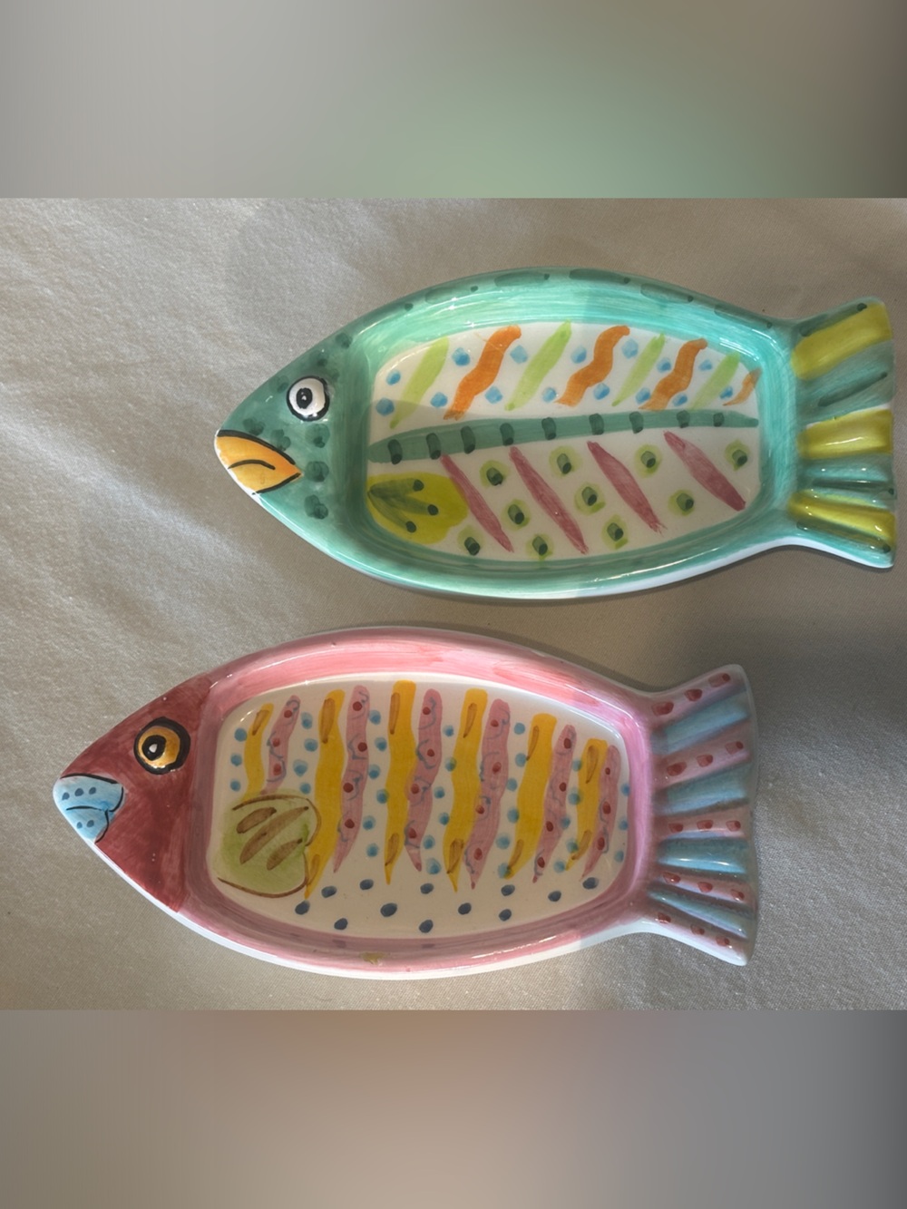 Green and Pink Fish Ceramic Dish Bowl Saucer pet feeder soap dish SET OF TWO